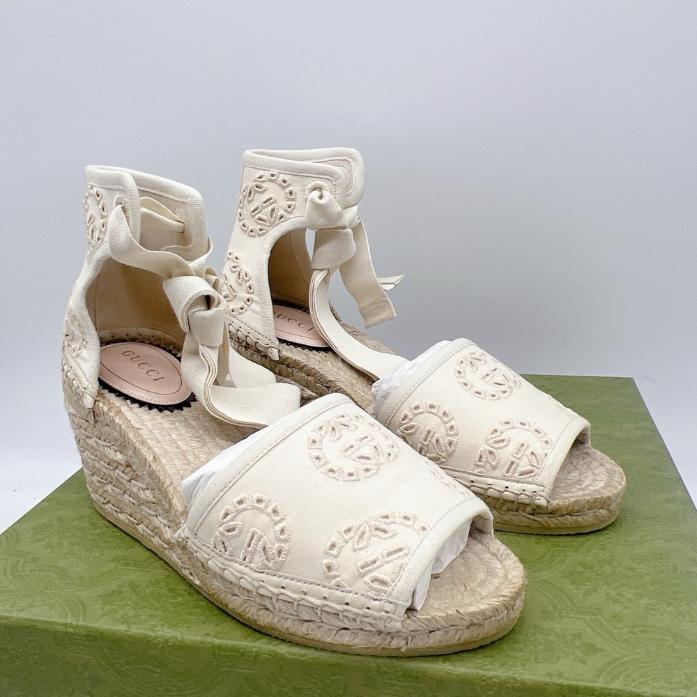 Gucci GG Damita Espadrille Wedge Sandal Eyelet Beige Canvas EU 36.5 US 6.5 - Picture 5 of 15